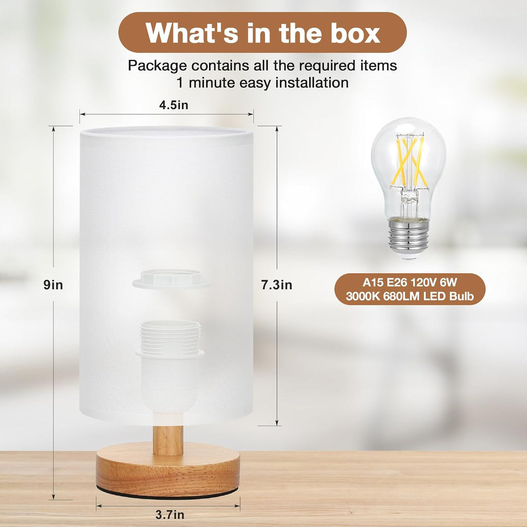 Fenmzee Small Table Lamp for Bedroom - Inline Control, Bedside Lamp with 3000K A15 LED Blub, Easy Assembly (White Shade - Wood Base, 9"…