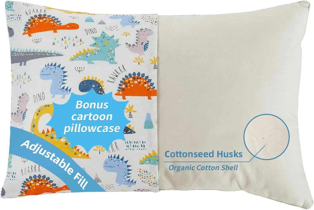 Organic Plilow with Cartoon Pillowcase - 16x22 Kids Pillow with 100% Organic Cotton Shell, Adjustable Organic Youth Pillow, Machine…