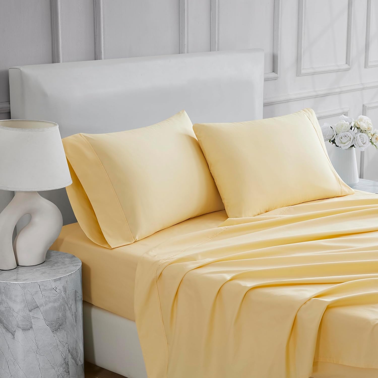 Linen Closet 3 Pcs 100% Cotton Twin Sheets Set, Lt Yellow, 400 Thread Count, Percale Weave, Deep Pocket Fitted Sheet, Fits Up To 18"…