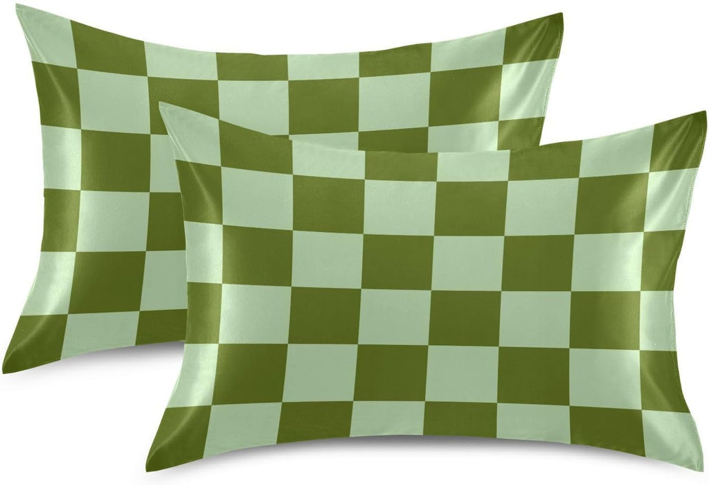Checkerboard Green Plaid Print Pillow Covers Silk Pillowcase for Hair and Skin Breathable Soft Satin Pillowcase Queen Size Pillow Case…