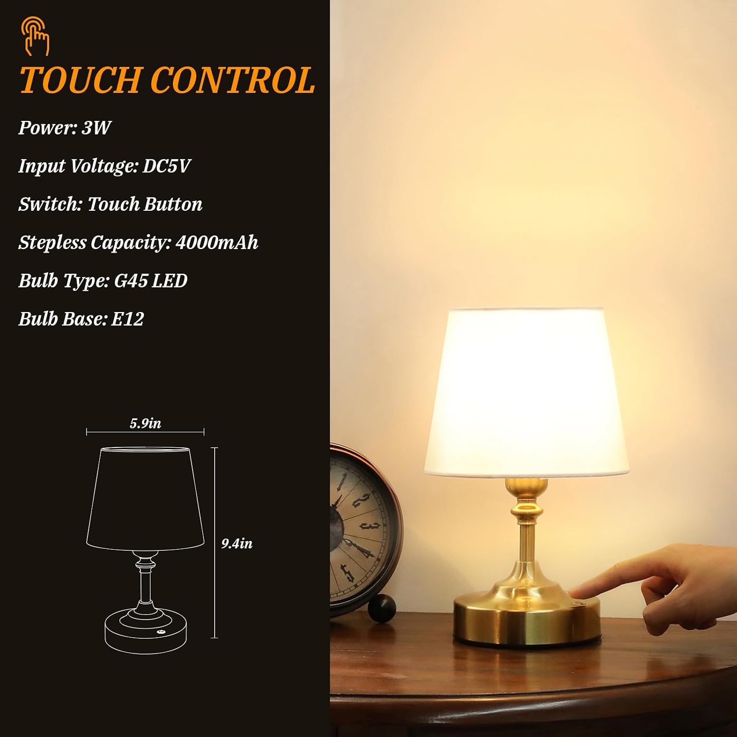 Kakanuo Mini Cordless Table Lamp Gold - 1 Pack 4000mAH Battery Operated Lamp for Decor, 3000K Stepless Dimming Touch Control Rechargeable…