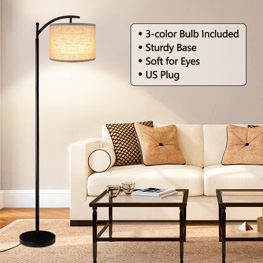Floor Lamp with 3CCT LED Bulb, Gray Linen Lamp Shade for Living Room, Modern Standing Lamp for Bedrooms - Black