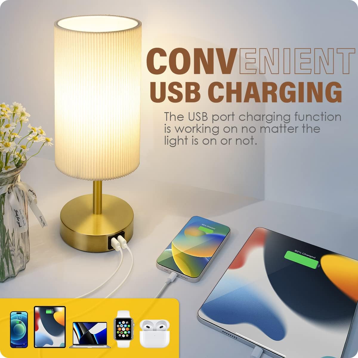 Bedside Lamp with USB port - Touch Control Table Lamp for Bedroom Wood 3 Way Dimmable Nightstand Lamp with Round Pleated Shade for Living…