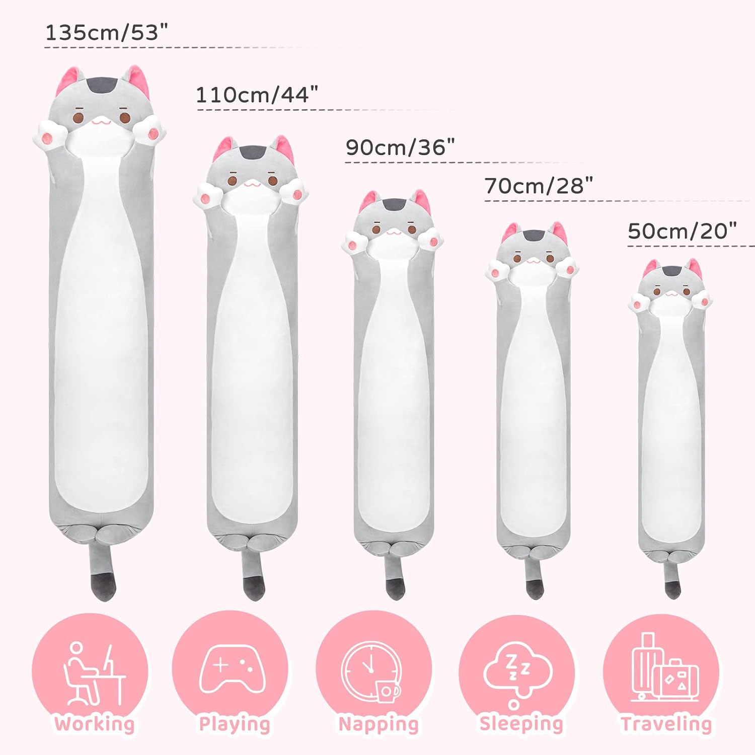 Mewaii Long Cat Plush Kids Body Pillow, 20 Inch Cute Gray Cat Stuffed Animals Soft Plushies, Kitten Kawaii Plush Throw Pillow Doll Toy…