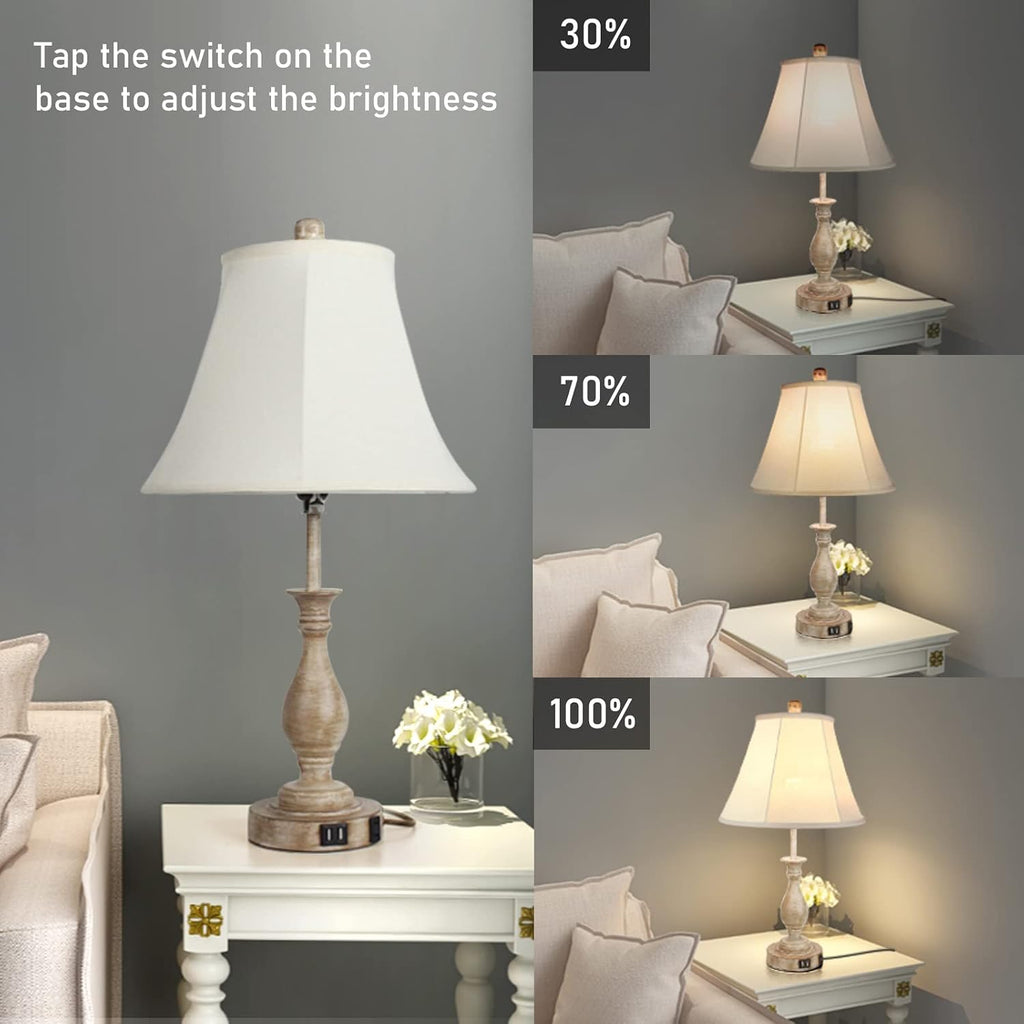 Lalisu Farmhouse Table Lamp Touch Control 3-Way Dimmable Table Lamp, Modern Nightstand Lamp with 2 USB Port Bedside Desk Lamp with Fabric S…