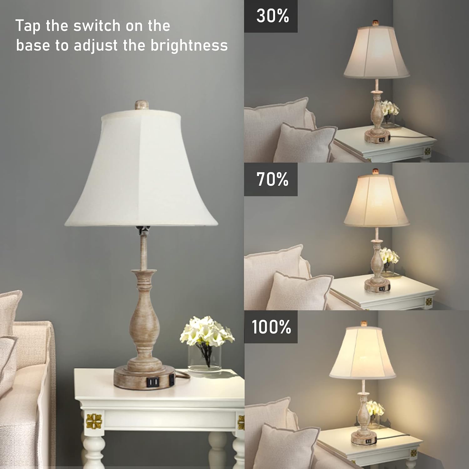 Lalisu Farmhouse Table Lamp Touch Control 3-Way Dimmable Table Lamp, Modern Nightstand Lamp with 2 USB Port Bedside Desk Lamp with Fabric S…