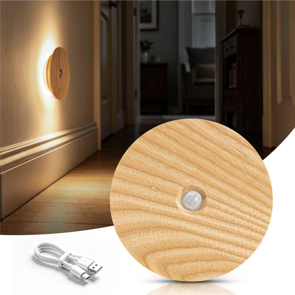 Motion Sensor Night Light Wood, Rechargeable Battery-Powered Magnetic Stick-On Night Light Wall Light for Indoor Stairs, Hallway, and…