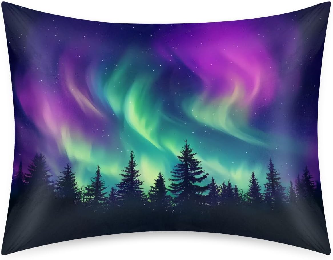 Satin Pillowcase for Hair and Skin, Standard Size Northern Light Aurora Decorative Pillow Sham with Envelope Closure Pillow Cover for…