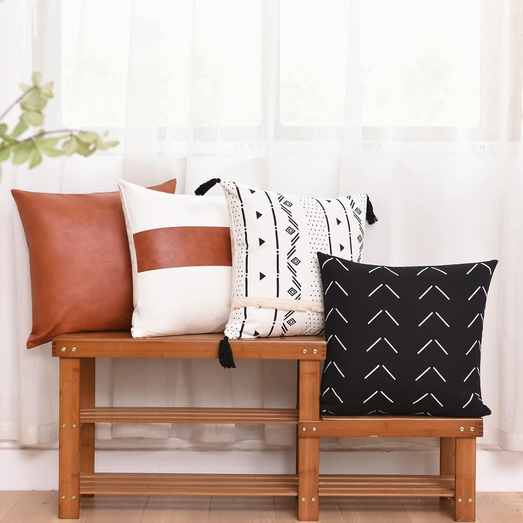 Tosewever Boho Geometric Throw Pillow Covers 18 x 18 Set of 4, Modern Stripe Farmhouse Decorative Faux Leather Cotton Pillowcase for Bedroo…