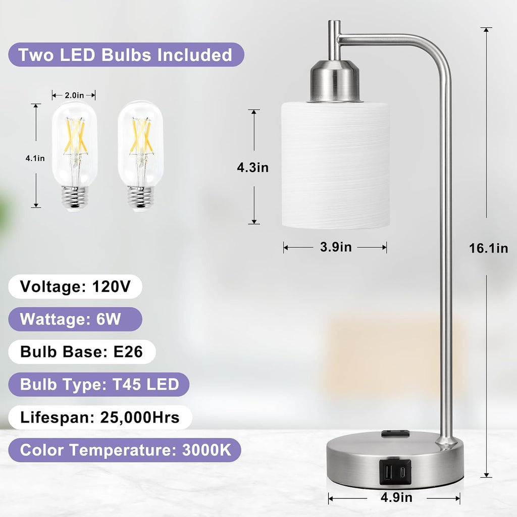 Innqoo Industrial Nickel Table Lamps for Bedrooms Set of 2-3-Way Dimmable Desk Lamp with USB C+A Ports and Outlet, Sliver Lamps with…