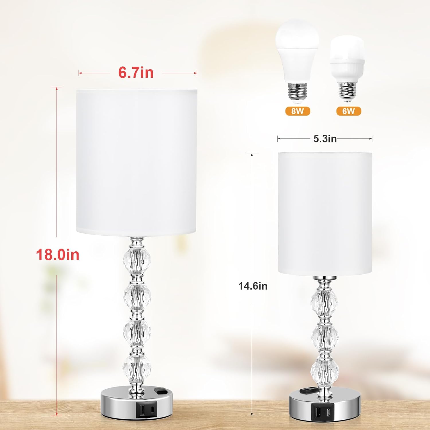 Touch Bedside Crystal Lamps for Bedrooms Nightstand with USB C+A Charging Port and AC Outlet White, 3 Way Dimmable Silver Large End Side…