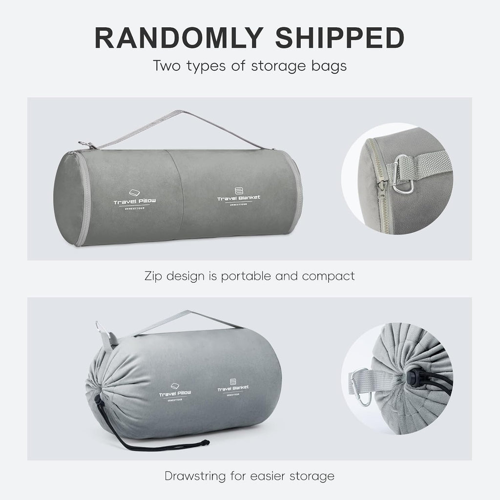 urnexttour Travel Pillow and Blanket Set Neck Pillows Soft Blankets with Sleep Mask Travel Essentials for Airplane Car Memory Foam Grey