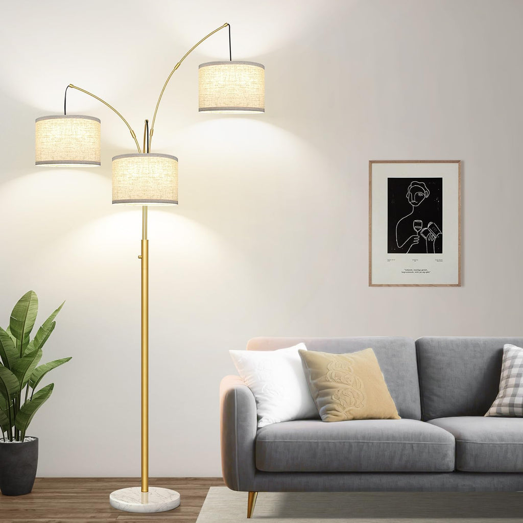 Dimmable Floor Lamp - 3 Lights Gold Arc Floor Lamps for Living Room, 1000LM Modern Tall Standing Lamp with White Shade&Marble Base, Mid…