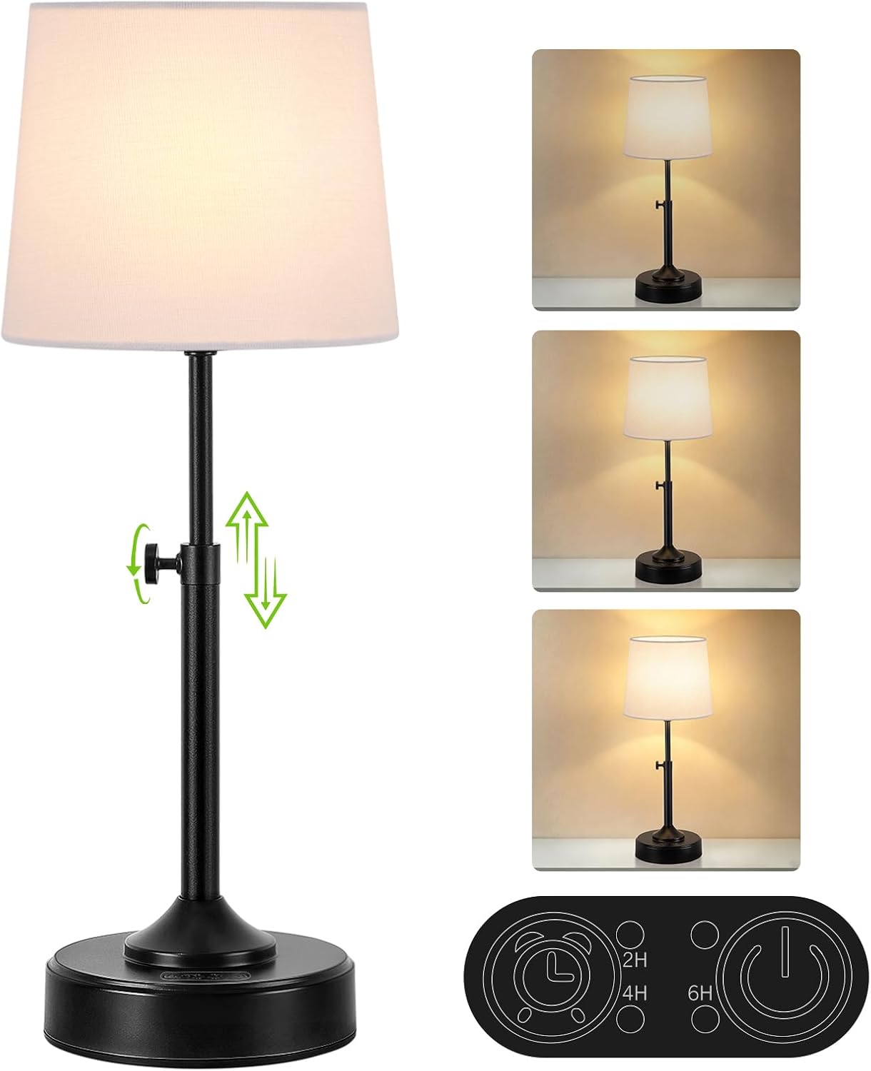 Height Adjustable Cordless Table Lamp Rechargeable with Timer, 3-Way & Stepless Dimmable LED Battery Operated Table Lamp, Wireless…