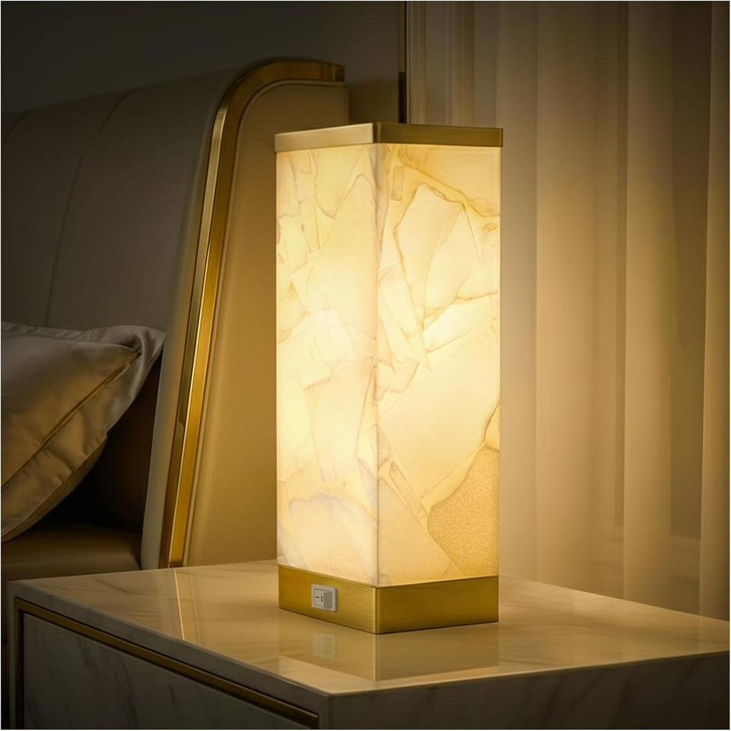 Scenekoy Alabaster Table Lamp for Bedroom Living Room, 3-Way Dimmable Bulb with Memory Function, Modern Bedside Lamps with USB A+C Ports…