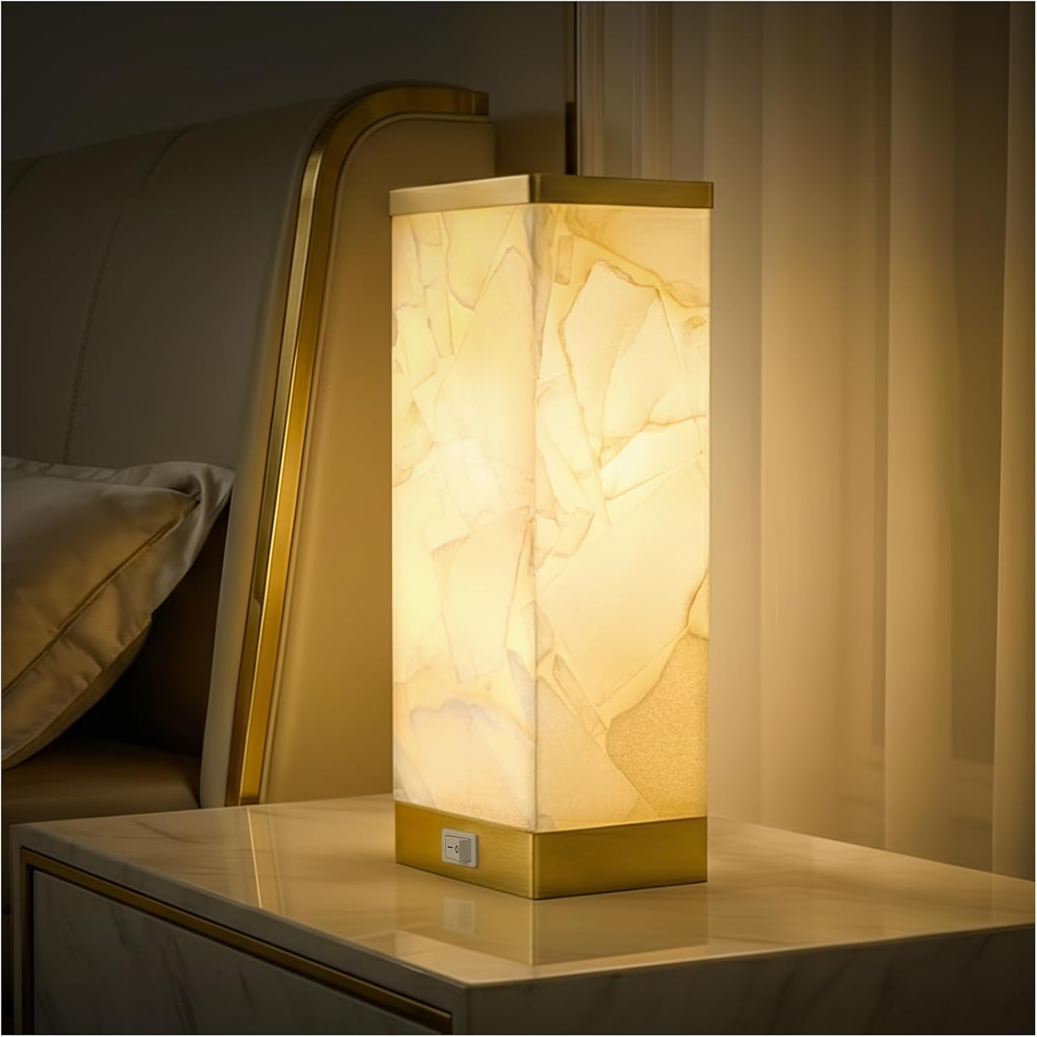 Scenekoy Alabaster Table Lamp for Bedroom Living Room, 3-Way Dimmable Bulb with Memory Function, Modern Bedside Lamps with USB A+C Ports…