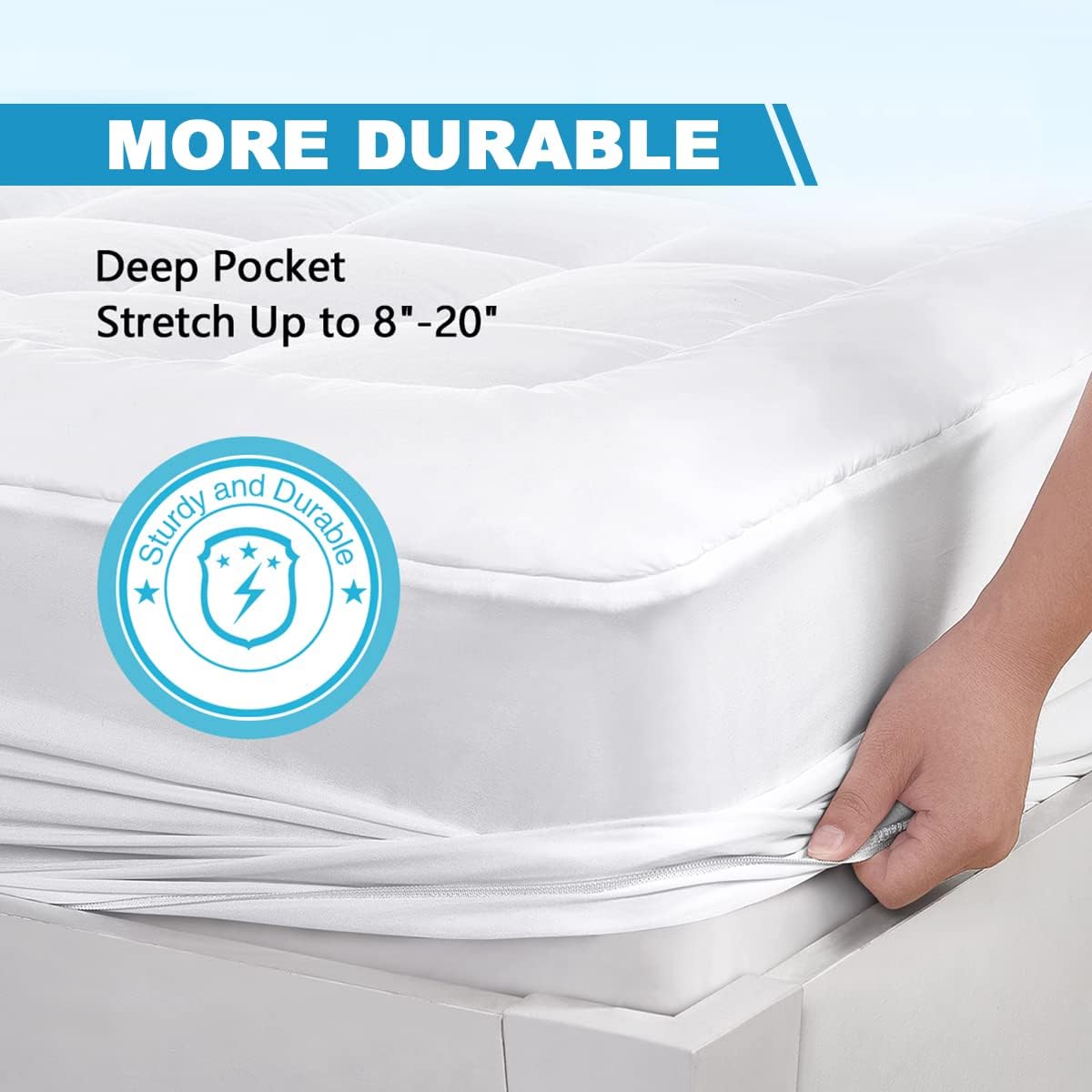 Full Mattress Pad Cover Pillow Top with Stretches to 18” Deep Pocket Fits Up to 8”-21” Cooling White Bed Topper (Down Alternative, Full…
