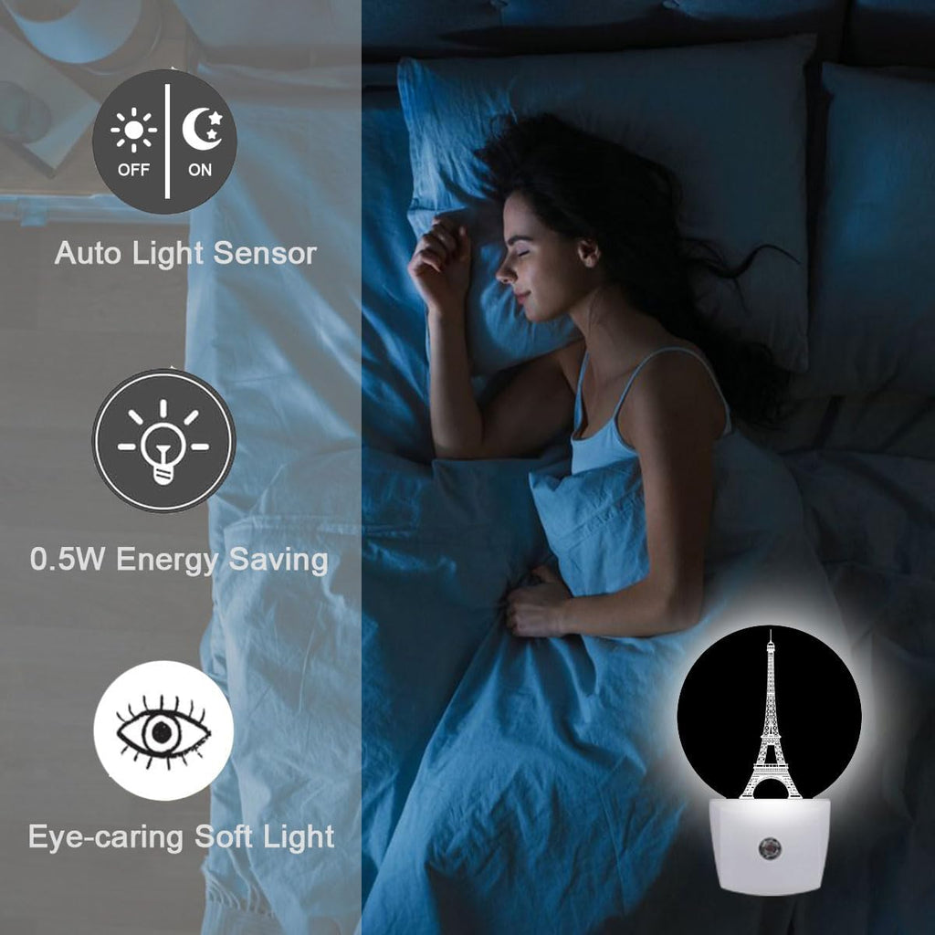 Paris Eiffel Tower France Night Light Plug Into Wall Auto Led Sleep Round Lamp for Living Room Hallway Stairs