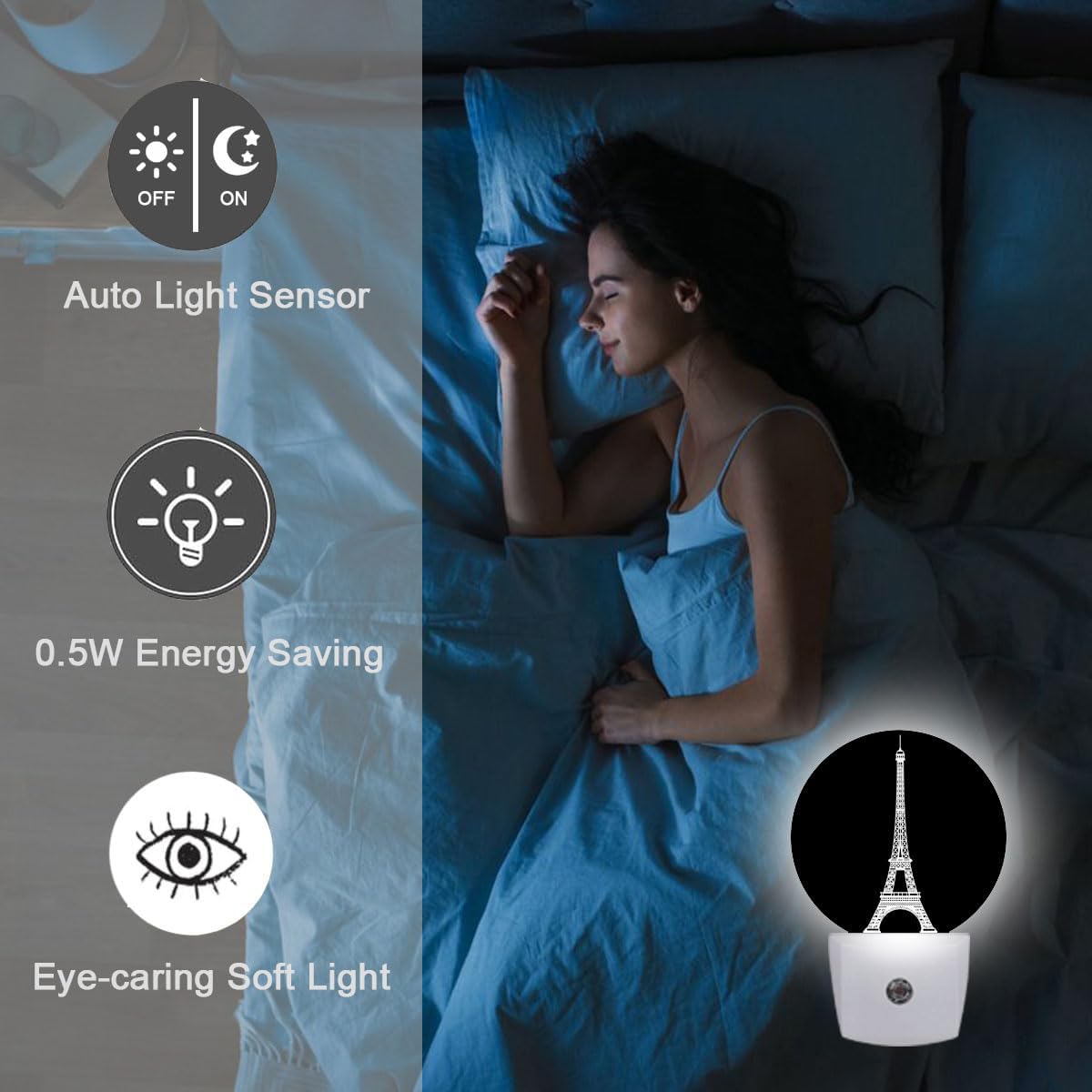 Paris Eiffel Tower France Night Light Plug Into Wall Auto Led Sleep Round Lamp for Living Room Hallway Stairs