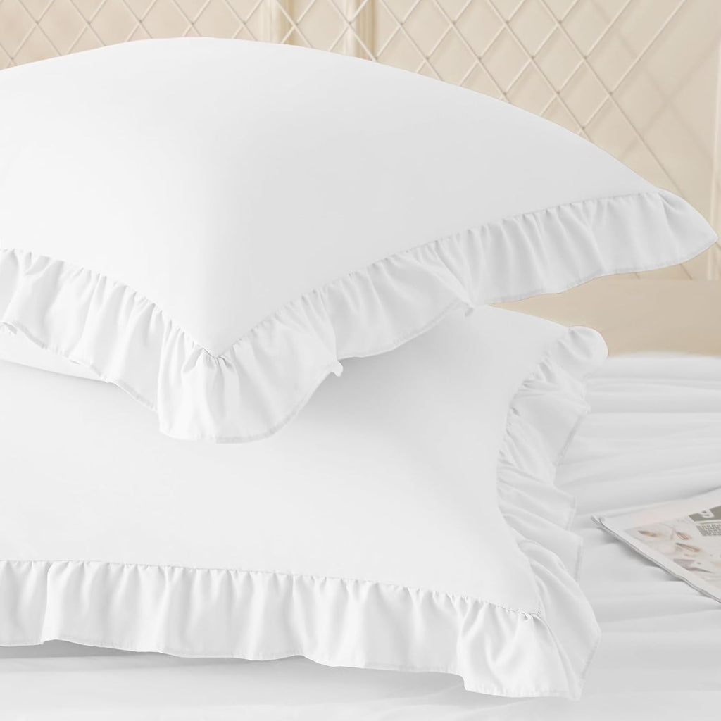 KKJIAF Ruffle Pillow Cases 20x20 Inches, White Square Ruffled Pillow Covers Set of 2, Microfiber Wrinkle Resistant Pillow Shams with…