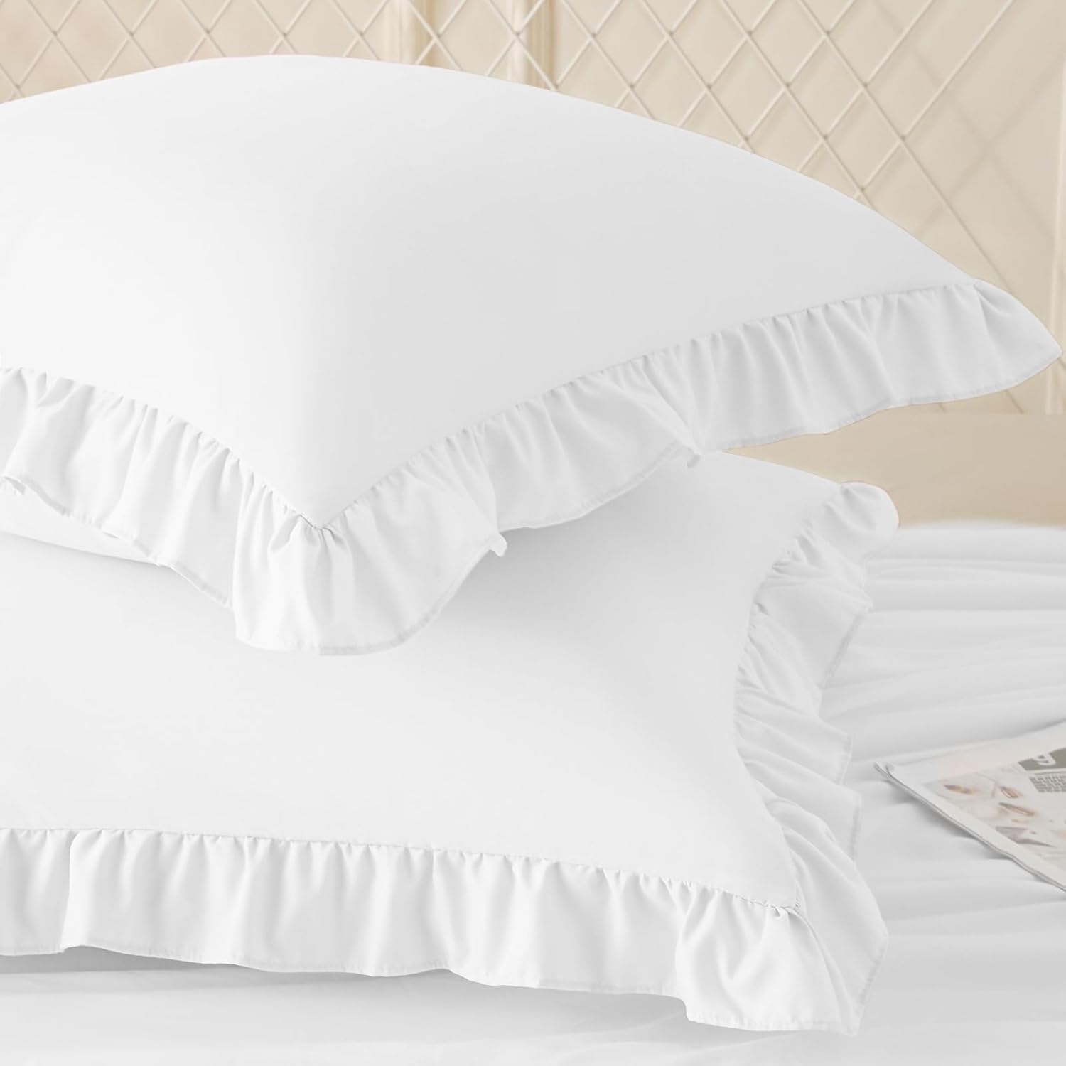 KKJIAF Ruffle Pillow Cases 20x20 Inches, White Square Ruffled Pillow Covers Set of 2, Microfiber Wrinkle Resistant Pillow Shams with…