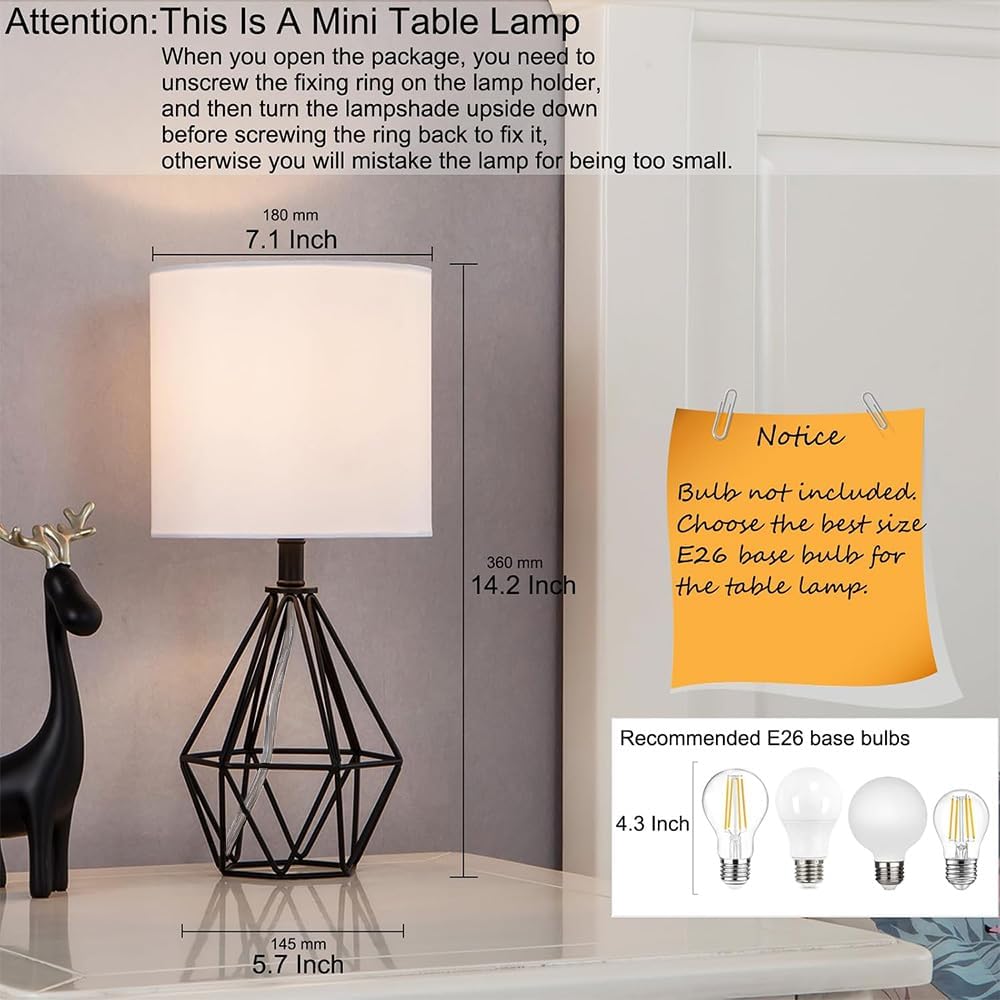 Black Bedside Table Lamps Set of 2, Small Nightstand Lamps for Bedroom, Modern Desk Lamps with TC Fabric Shade Geometric Metal Base for…