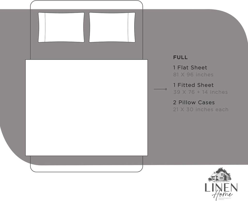 Linen Home 100% Cotton Percale Sheets Full Size, Charcoal, Deep Pocket, 4 Pieces Set - 1 Flat, 1 Deep Pocket Fitted Sheet and 2…