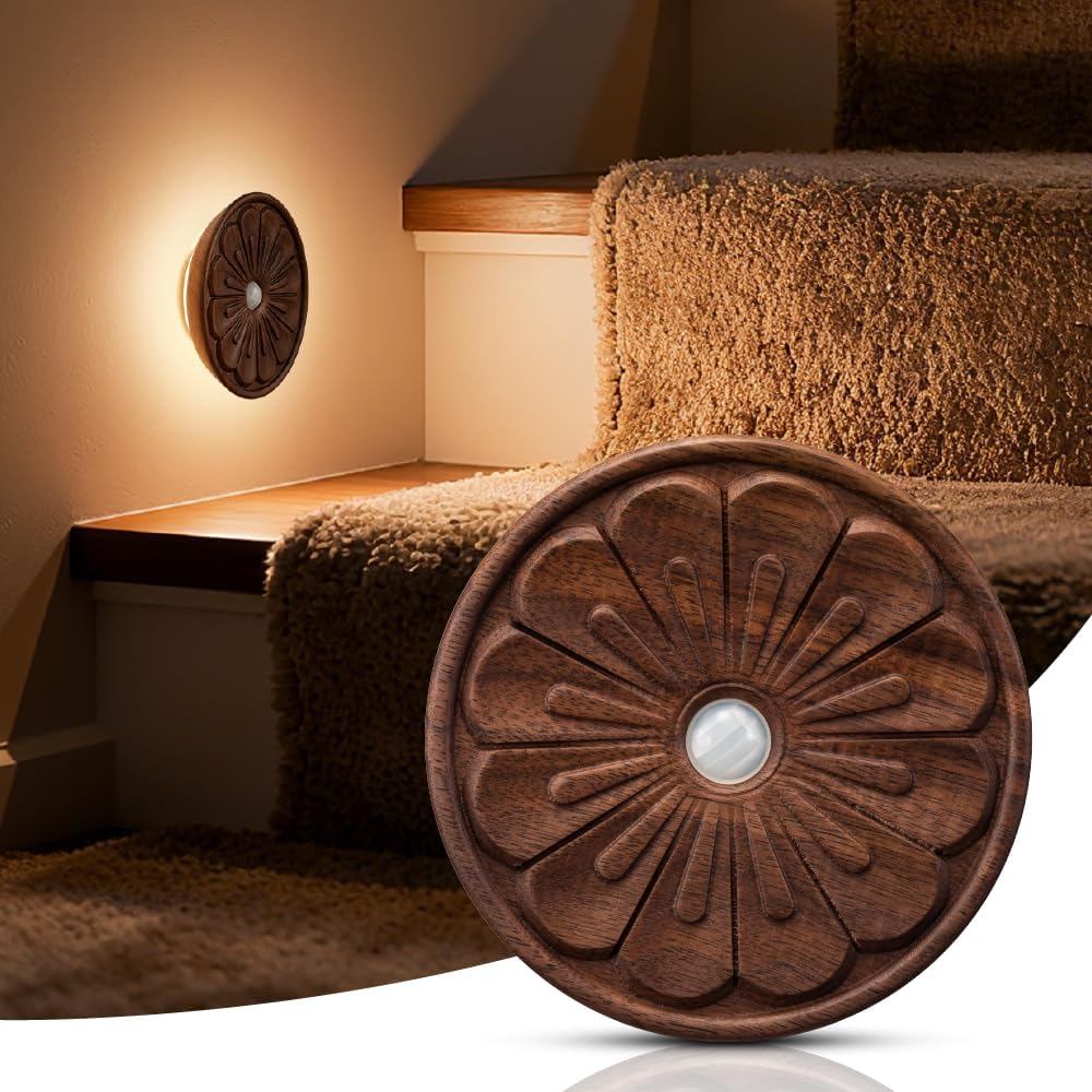 Wood Flower Motion Sensor Night Light, Mini Lamp with Embossed 3D Floral Surface, Rechargeable Warm Light, Stick-On Magnetic Mount for…