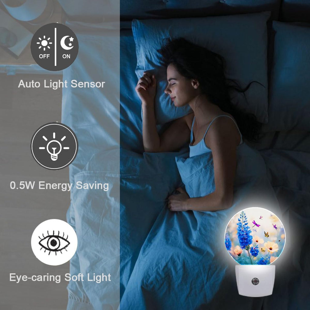 Blue Flower Butterfly Dragonfly Night Light Plug-in Sleep Lamp Led Dusk to Dawn Night Light for Bedroom