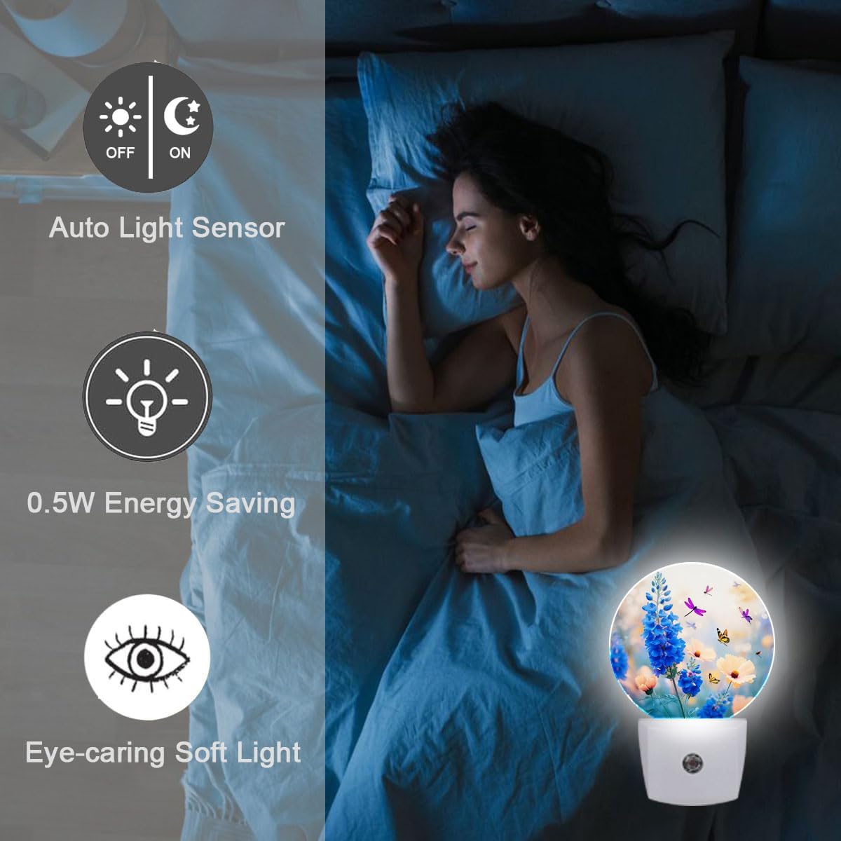 Blue Flower Butterfly Dragonfly Night Light Plug-in Sleep Lamp Led Dusk to Dawn Night Light for Bedroom