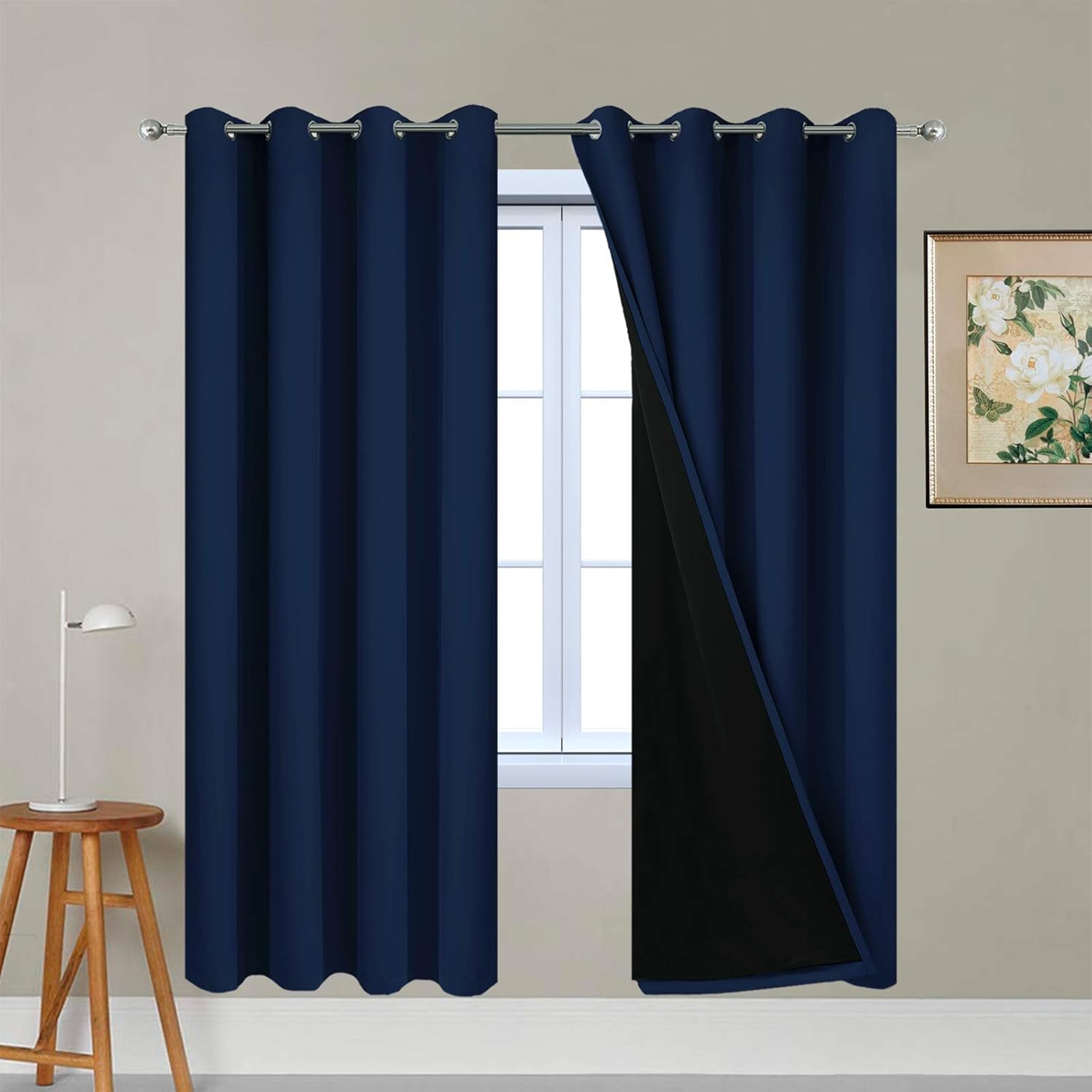Yakamok 100% Blackout Curtains with Black Liners, Thermal Insulated Full Blackout 2-Layer Lined Drapes Room Darkening Curtain Panel for Bed…