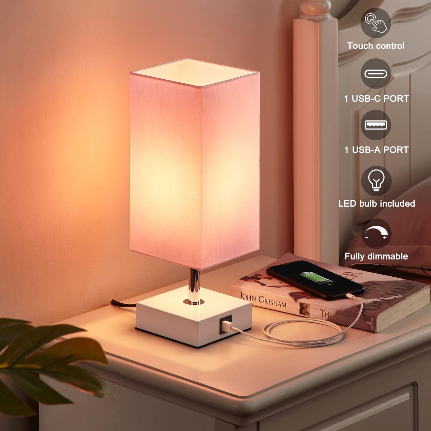 Ambimall Touch Control Table Lamp with 2 USB Charging Ports, 3 Way Touch Lamps Beside Desk, Nightstand Lamp for Bedrooms Living Room…