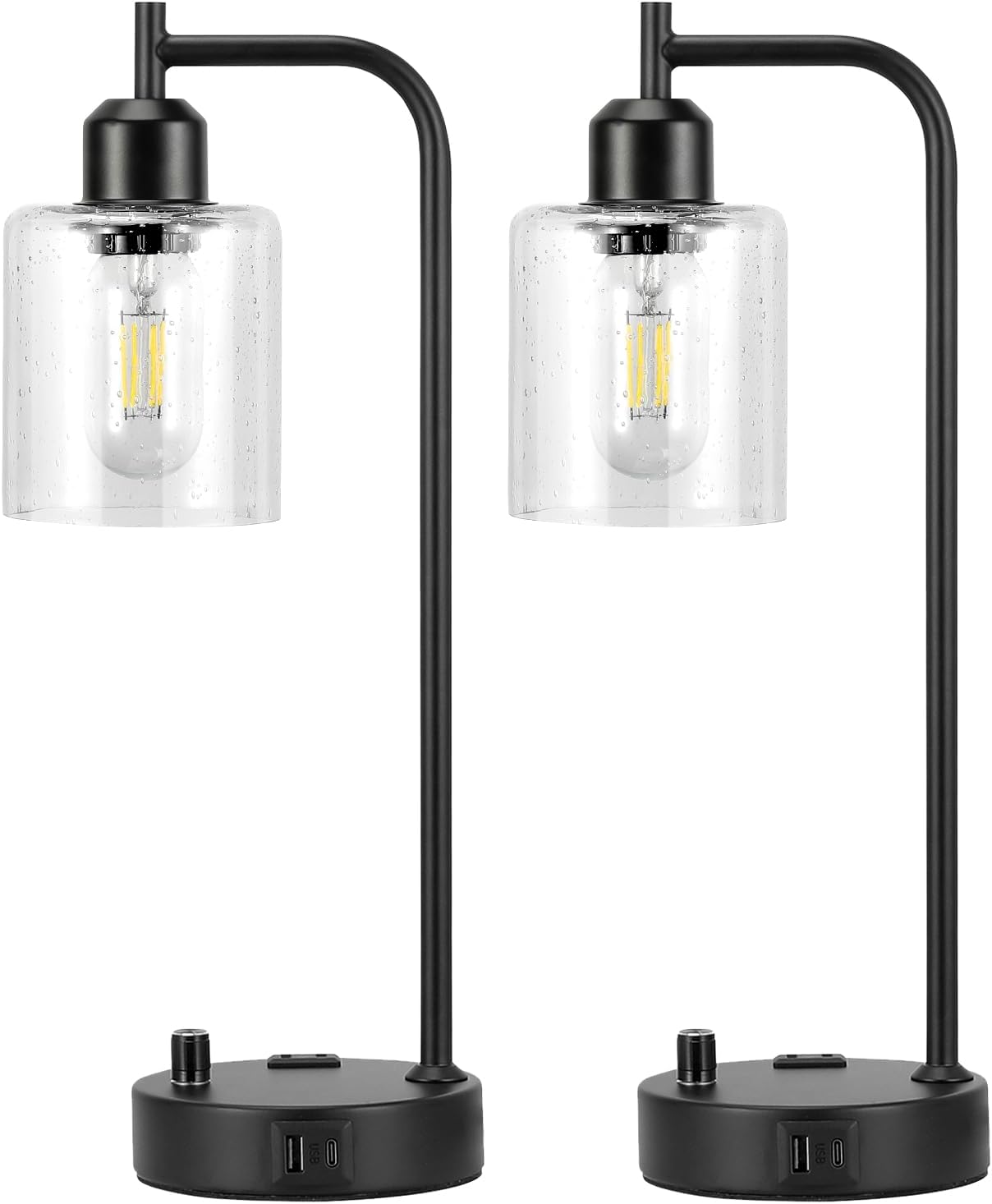 Industrial Table Lamps for Bedrooms Set of 2 - Fully Dimmable Bedside Lamps with USB A and C Ports and Outlet, Black Nightstand Lamps…