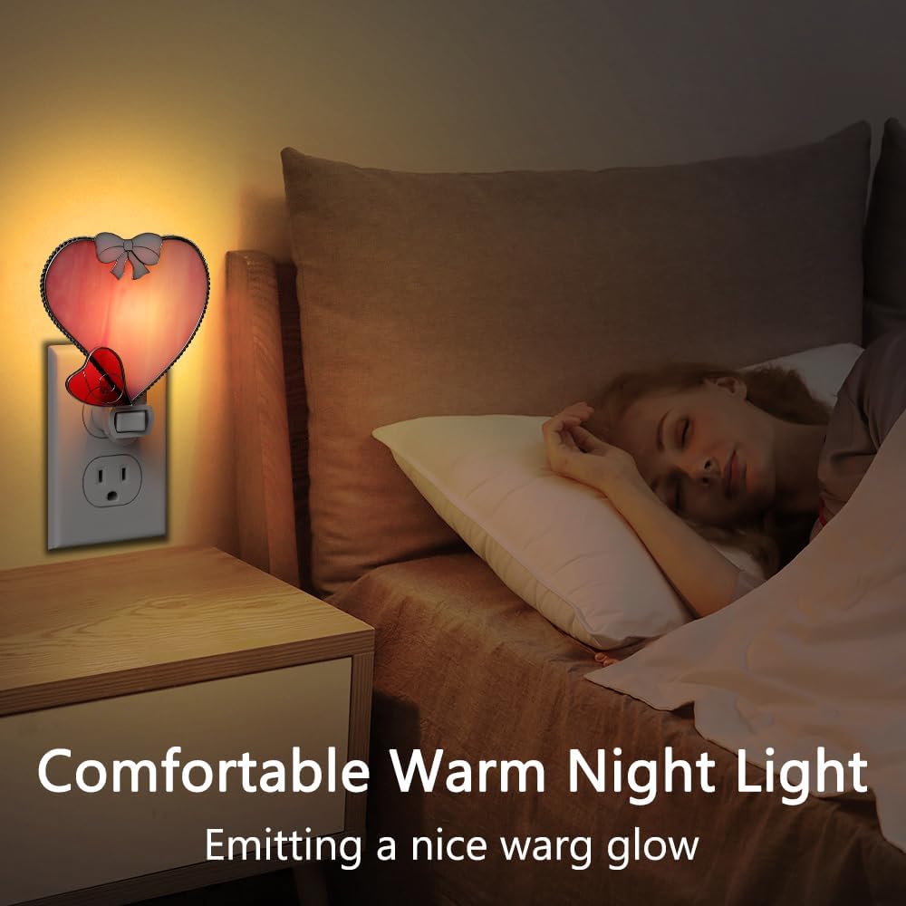 KY&BOSAM Stained Glass Heart Night Lights Plug into Wall 1-Pack 7W Dusk to Dawn 3000K Warm Pink Bright Nightlight with Switch On/Off for…