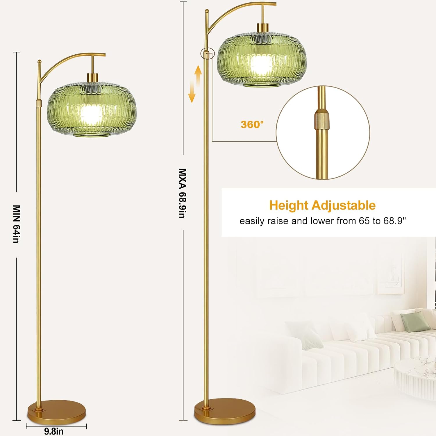 QIYIZM Glass Floor Lamp for Living Room, Bedroom, Gold Dimmable Standing Lamp with Remote, Green Mid Century Modern Brass Vintage Tall Lamp…