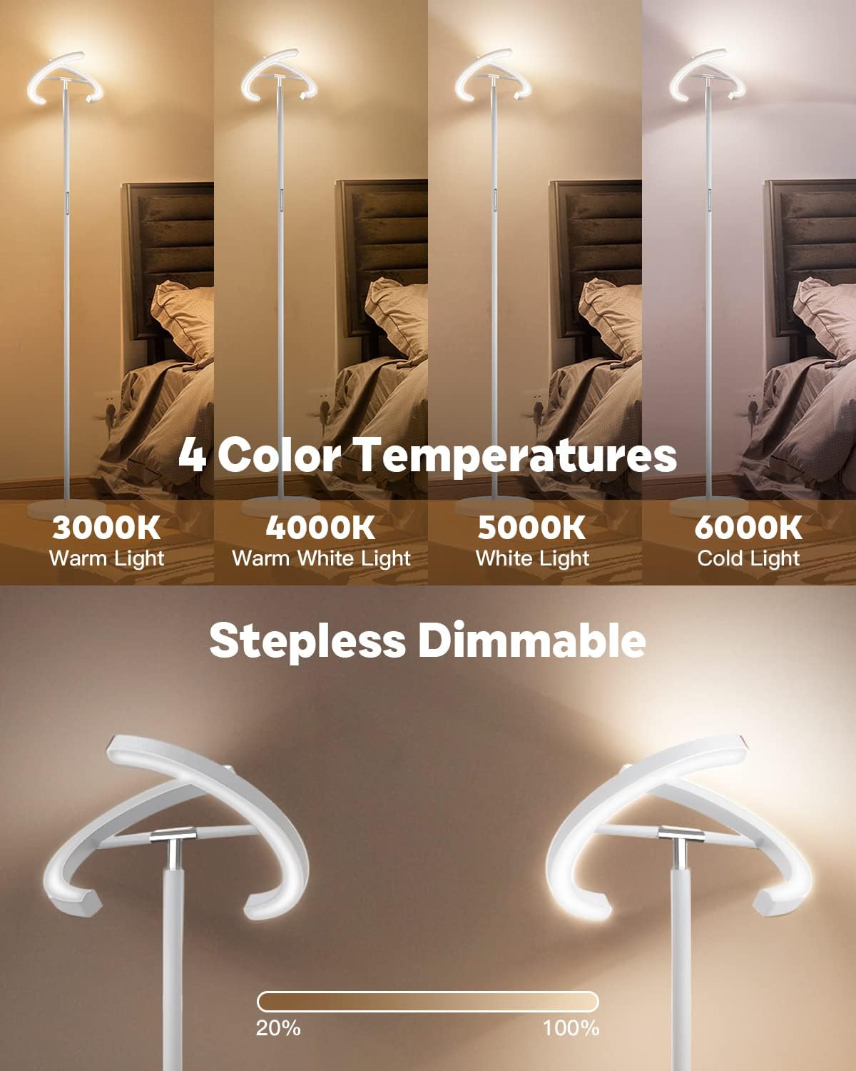 SIBRILLE White Floor Lamp, Modern Stepless Dimmable Standing Lamp 3000-6000K, 20W LED Rotatable Reading Tall Lamp, Touch & Remote Control…