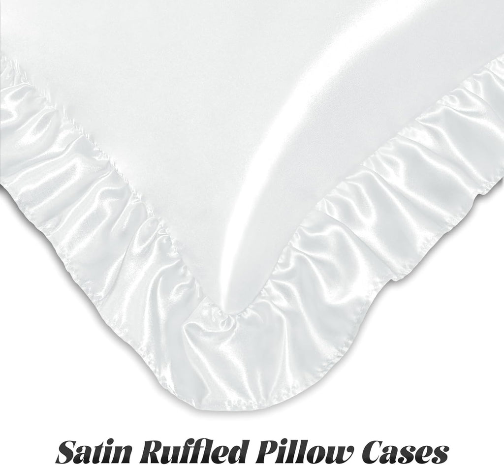 Homiest Ruffle Euro Sham Covers 26x26 Inch Set of 2, White Satin Pillow Shams with 3 Inch Wide Decorative Ruffled, European Square Satin…