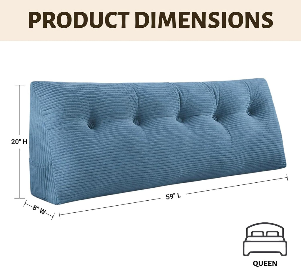Wedge Reading Pillow Headboard Queen Size, Headboard Bolster Pillow for Bed, Triangular Backrest Cushion with Removable Corduroy Cover, Blue