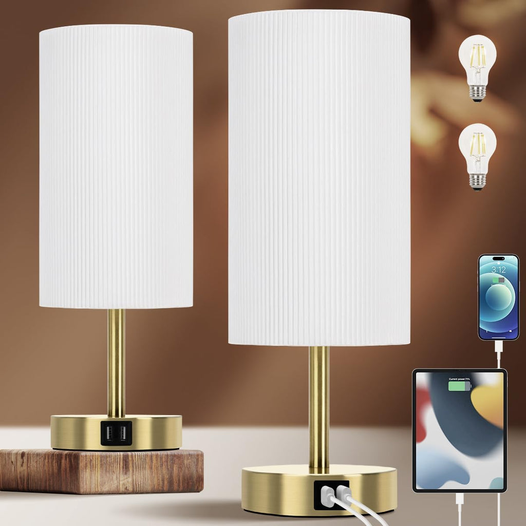 Yarra-Decor Bedside Lamp with USB A+C Charging Ports Set of Two - Touch Control Table for Bedroom Wood 3 Way Dimmable Nightstand Round…
