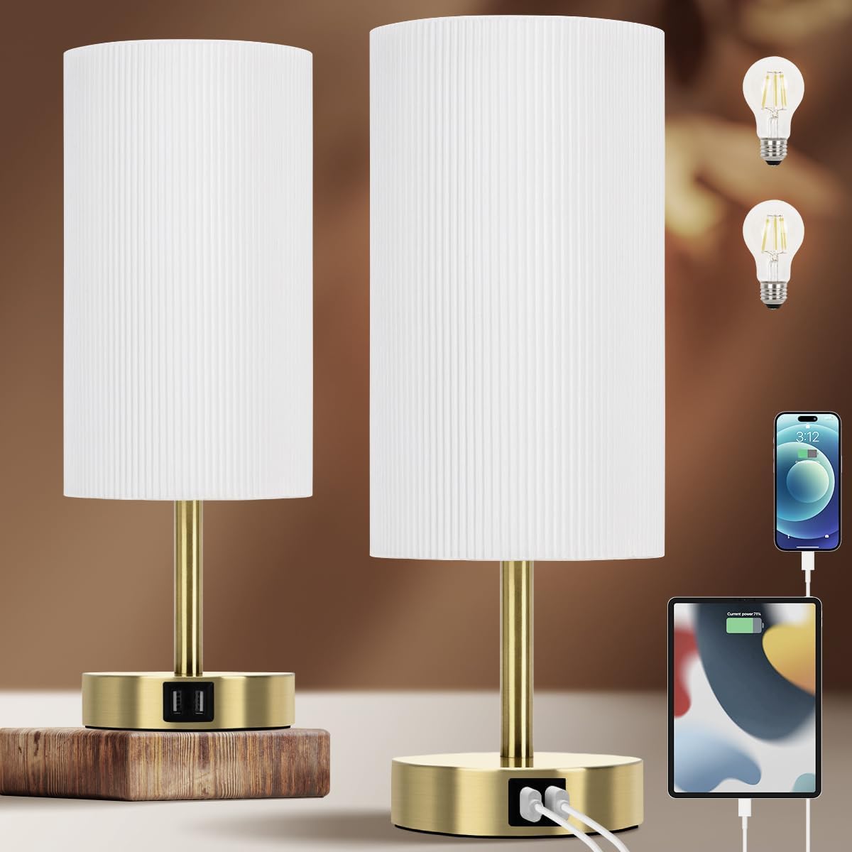 Yarra-Decor Bedside Lamp with USB A+C Charging Ports Set of Two - Touch Control Table for Bedroom Wood 3 Way Dimmable Nightstand Round…