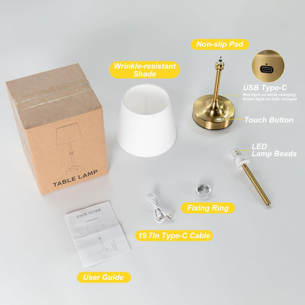 Kakanuo Rechargeable Cordless Table Lamp Gold - 1 Pack Brass 4000mAh Battery Operated Lamp, 3000K Warm Light, Touch Control Stepless…
