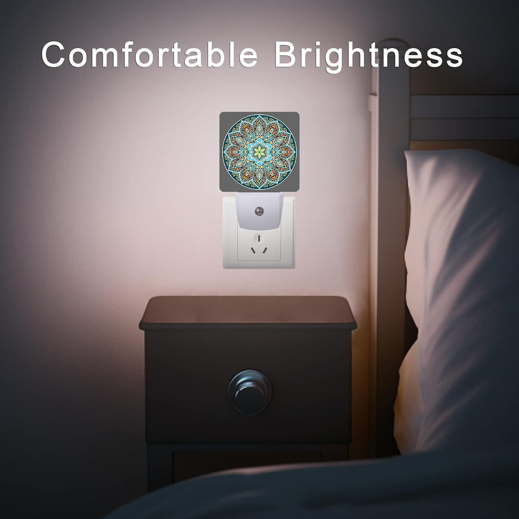 Mandala Floral Night Light, Yellow and Brown Ethnic Style Plug-in Night Lights with Dusk-to-Dawn Sensor for Stairway/Hallway/Bedroom Sleep…