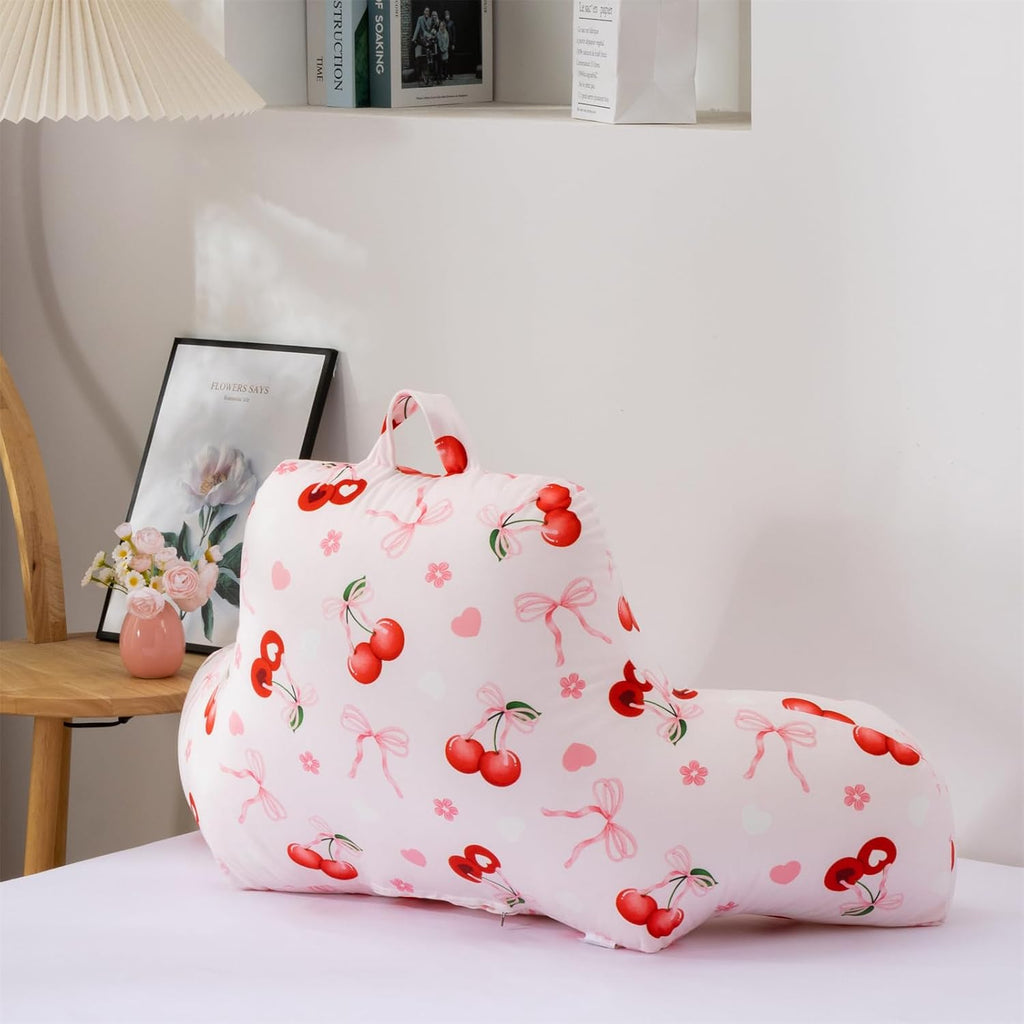 Holawakaka Kids Backrest Reading Pillow with Arms, Cherry Bowknot Print Plush Bed Rest Pillows for Teens Girls Sitting in Bed, Sofa…