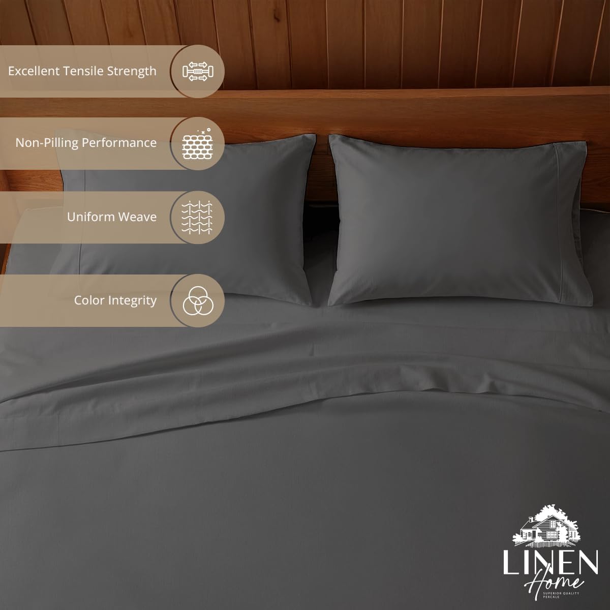 Linen Home 100% Cotton Percale Sheets Queen Size, Smoky Charcoal, Deep Pocket, 4 Pieces Set - 1 Flat, 1 Deep Pocket Fitted Sheet and 2…