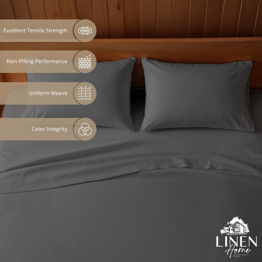 Linen Home 100% Cotton Percale Sheets King Size, Smoky Charcoal, Deep Pocket, 4 Pieces Set - 1 Flat, 1 Deep Pocket Fitted Sheet and 2…