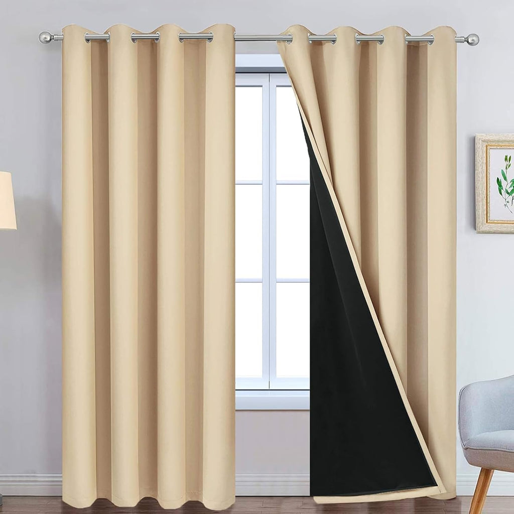 Yakamok Beige 100% Blackout Curtains, Thermal Insulated Total Blackout Drapes for Bedroom, Heat Blocking Window Curtains for Living Room(52…