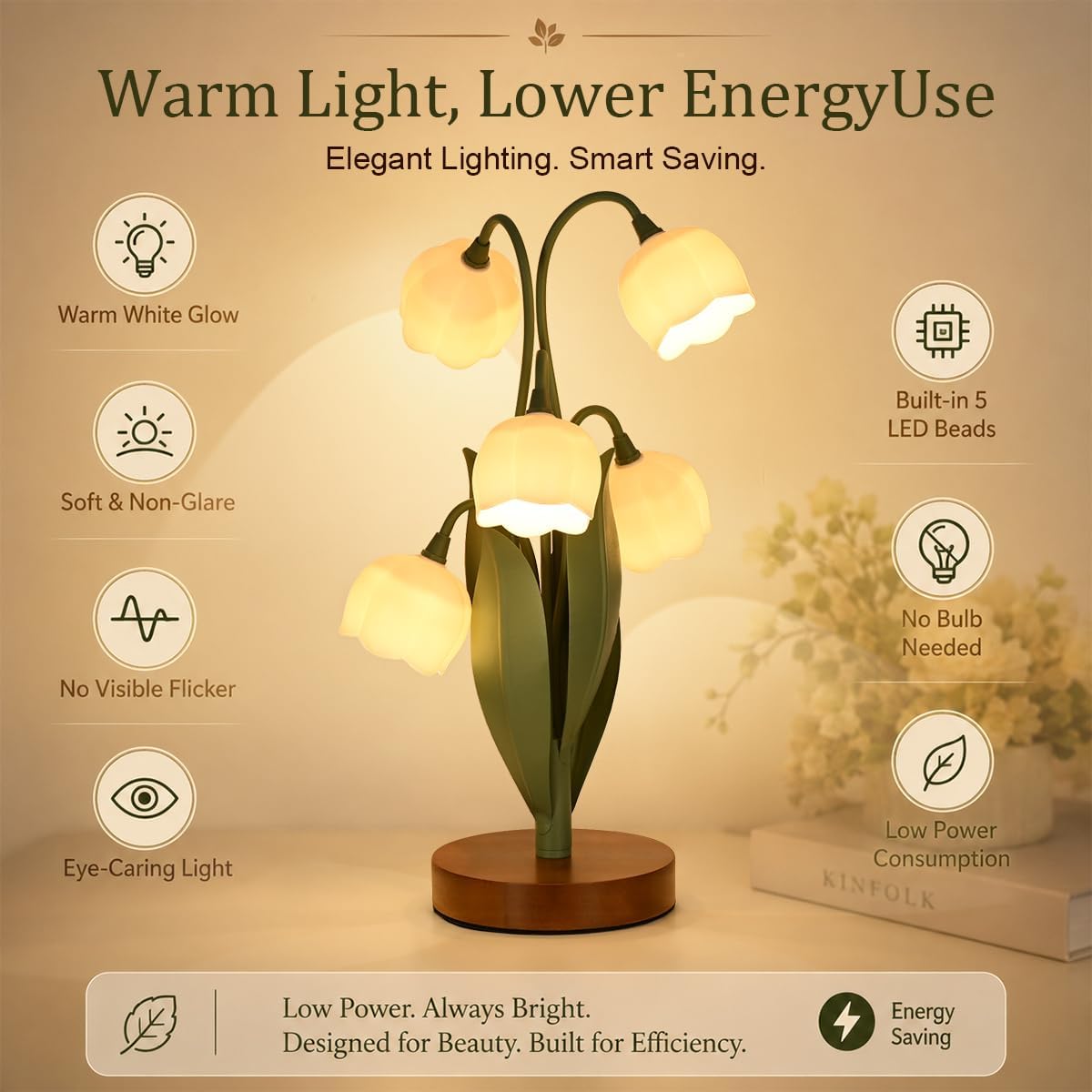 Flower Table Lamp for Bedroom, Cute Flower Reading Light with 5 White Lily of The Valley, Desk Lamp Bedside Lamps for Nightstands Home…