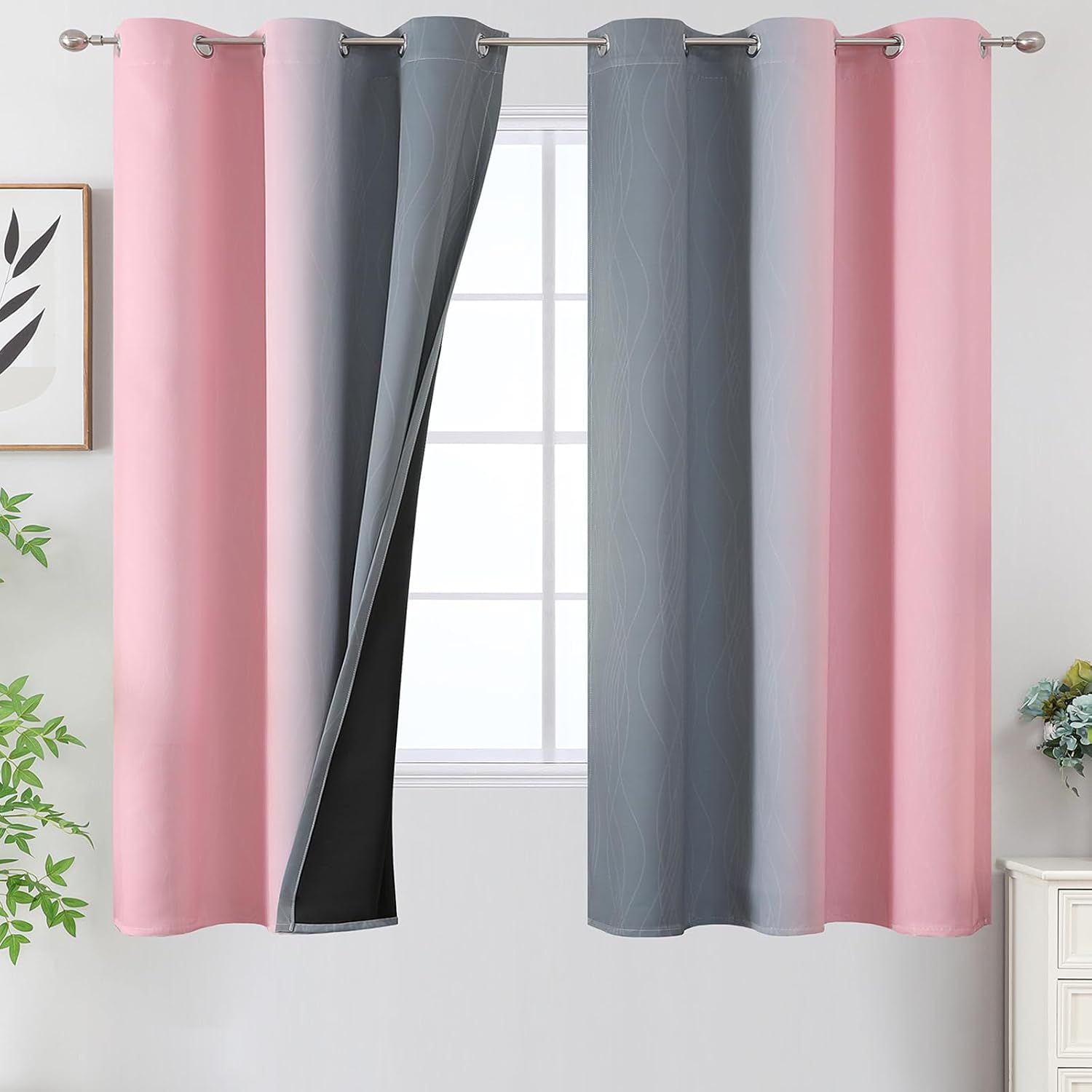Estelartextiler Estelar Textiler Ombre Gray and Pink Blackout Curtains 63 Inch Length 2 Panels, Full Light Blocking Curtains for Kids Room,…