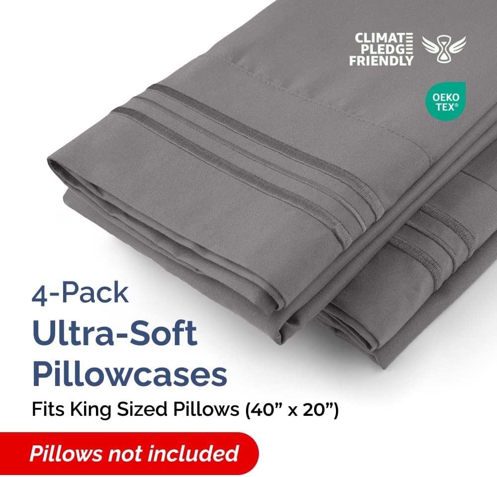 King Pillow Cases Set of 4 - Ultra Soft Hotel Quality Pillowcase Covers - Comfy, Cozy & Wrinkle Free - Shrinkage, Stain & Fade Resistant…
