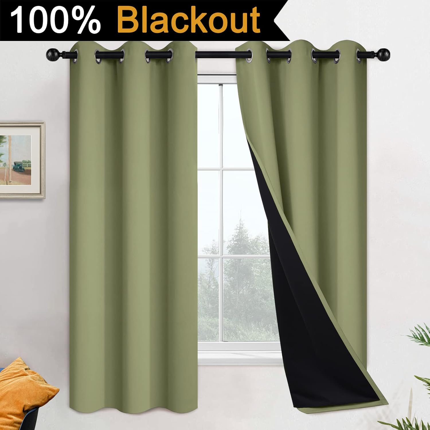 Yakamok 100% Blackout Curtains with Black Lined 2 Thick Layers Soundproof Thermal Insulated Room Darkening Curtains for Living Room(42Wx63L…